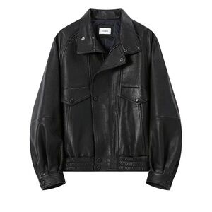 Atorie Black Leather Lambskin Bomber Jacket